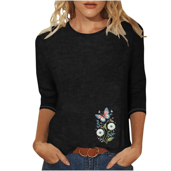 CYMMPU T-Shirts 3/4 Sleeve Summer Trendy Shirts Round Neck Blouses for Women Dressy Casual Spring Tops Flower Printed Loose Fit Lightweight Basic Tees Black S