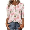 thumbnail image 1 of CYMMPU T-Shirts Button up V Neck Blouses for Women Dressy Casual Floral Printed 3/4 Sleeve Summer Trendy Shirts Loose Fit Spring Tops Business Elegant Work Tops T-Shirts Pink XL, 1 of 7