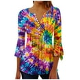 thumbnail image 1 of CYMMPU T-Shirts Button V Neck Flare Sleeve Blouses for Women Dressy Casual Spring Tops Summer Trendy Shirts Tie Dye 3/4 Sleeve Loose Fit Pleated Dressy T-Shirts M, 1 of 5