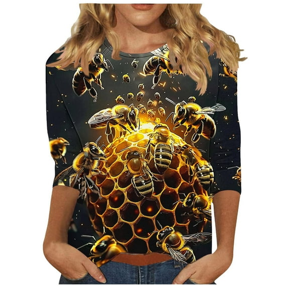 CYMMPU T-Shirts Round Neck Blouses for Women Dressy Casual Bee Printed Loose Fit Summer Trendy Shirts Spring Tops 3/4 Sleeve Lightweight Basic Tees M