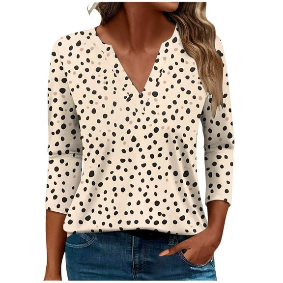 CYMMPU T-Shirts V Neck Blouses for Women Dressy Casual Spring Tops 3/4 Sleeve Flower Pattern Summer Trendy Shirts Loose Fit Business Elegant Work Tops T-Shirts Multicolor L