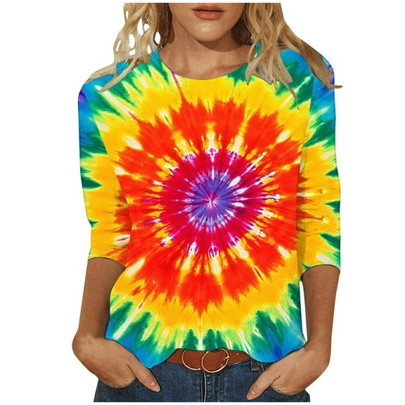 CYMMPU Tie Dye 3/4 Sleeve Blouses for Women Dressy Casual Loose Fit Crew Neck Fall Trendy Shirts Spring Tops Ombre T-Shirts Multicolor M