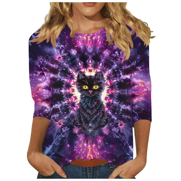 CYMMPU Tie Dye 3/4 Sleeve Blouses for Women Dressy Casual Tunic Tops Loose Fit Fall Trendy Shirts Spring Tops Crew Neck Ombre T-Shirts S