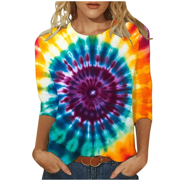 CYMMPU Tie Dye 3/4 Sleeve Fall Trendy Shirts Spring Tops Blouses for Women Dressy Casual Loose Fit Round Neck Tunic Tops Ombre T-Shirts L