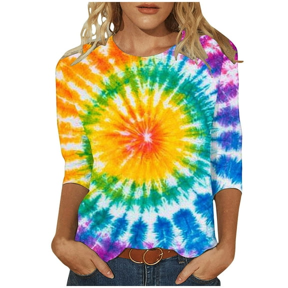 CYMMPU Tie Dye 3/4 Sleeve Summer Fashion Shirts Tunic Tops Spring Tops Blouses for Women Dressy Casual Loose Fit Round Neck Ombre T-Shirts XL