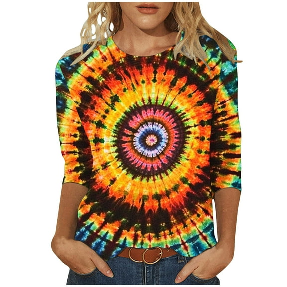 CYMMPU Tie Dye 3/4 Sleeve Summer Trendy Shirts Tunic Tops Crew Neck Loose Fit Spring Tops Blouses for Women Dressy Casual Ombre T-Shirts XXL