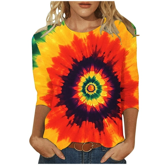 CYMMPU Tie Dye 3/4 Sleeve Tunic Tops Crew Neck Summer Trendy Shirts Blouses for Women Dressy Casual Loose Fit Spring Tops Ombre T-Shirts Multicolor L