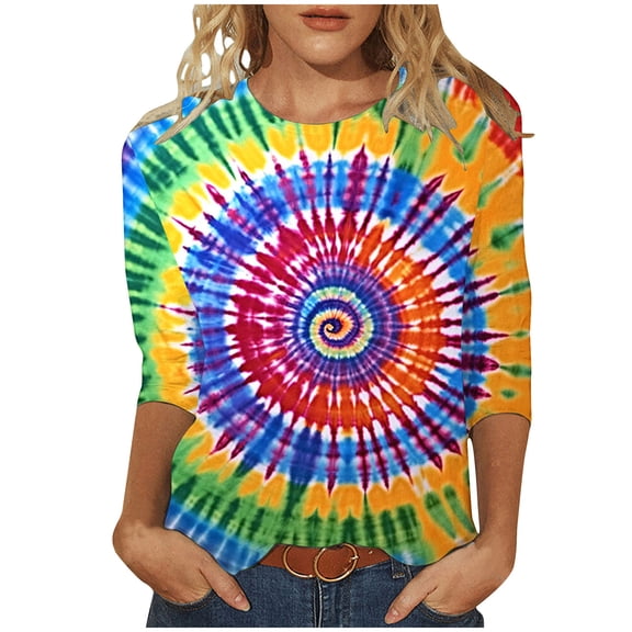 CYMMPU Tie Dye 3/4 Sleeve Tunic Tops Loose Fit Spring Tops Fall Trendy Shirts Blouses for Women Dressy Casual Crew Neck Ombre T-Shirts Multicolor M