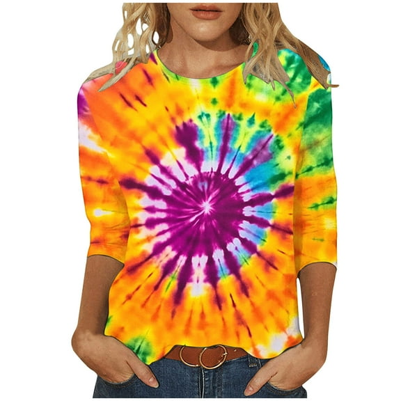 CYMMPU Tie Dye 3/4 Sleeve Tunic Tops Loose Fit Summer Fashion Shirts Blouses for Women Dressy Casual Spring Tops Crew Neck Ombre T-Shirts Multicolor S