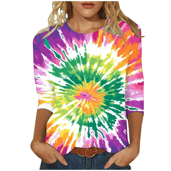 CYMMPU Tie Dye 3/4 Sleeve Tunic Tops Round Neck Fall Trendy Shirts Loose Fit Blouses for Women Dressy Casual Spring Tops Ombre T-Shirts Multicolor M