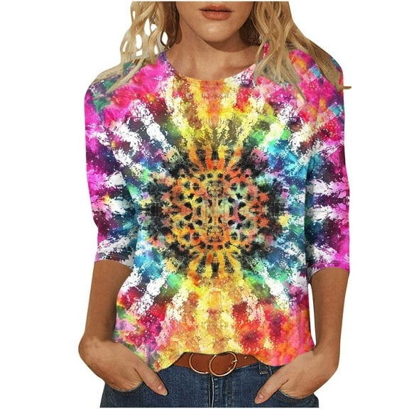 CYMMPU Tie Dye Ombre 3/4 Sleeve Blouses for Women Dressy Casual Crew Neck Tunic Tops Fall Fashion Shirts Spring Tops Loose Fit Lightweight Basic T-Shirts Multicolor XXL