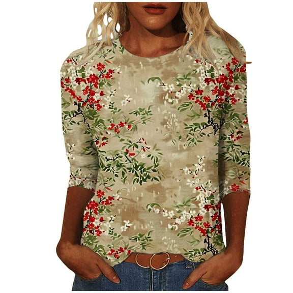 CYMMPU Tunic Tops 3/4 Sleeve Blouses for Women Dressy Casual Fall Trendy Shirts Crew Neck Floral Printed Loose Fit Spring Tops Lightweight Basic Tees Multicolor XL