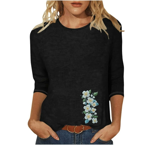 CYMMPU Tunic Tops 3/4 Sleeve Blouses for Women Dressy Casual Floral Pattern Loose Fit Summer Trendy Shirts Crew Neck Spring Tops Lightweight Basic Tees Black XL