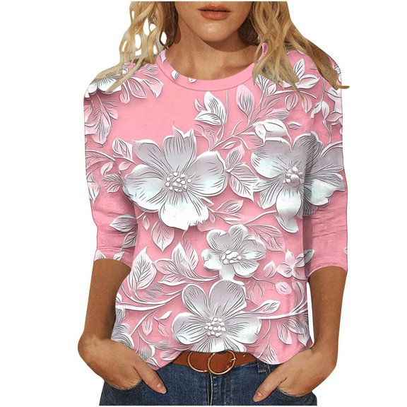 CYMMPU Tunic Tops 3/4 Sleeve Blouses for Women Dressy Casual Flower Pattern Loose Fit Crew Neck Summer Fashion Shirts Spring Tops Lightweight Basic T-Shirts Pink XXXXL