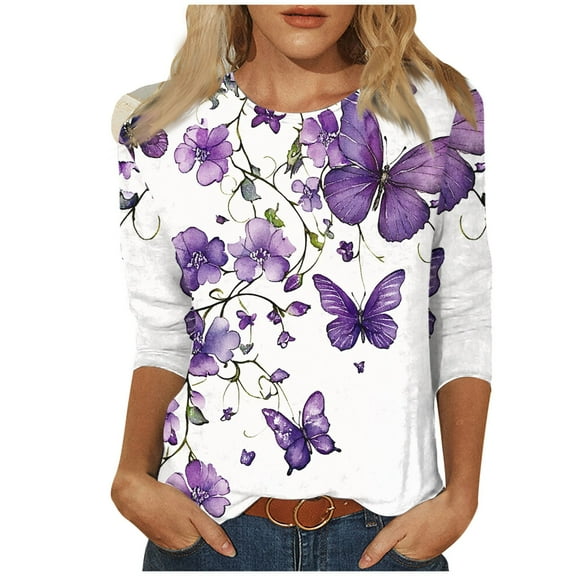 CYMMPU Tunic Tops 3/4 Sleeve Blouses for Women Dressy Casual Flower Pattern Round Neck Loose Fit Spring Tops Summer Fashion Shirts Lightweight Basic T-Shirts Purple XXL