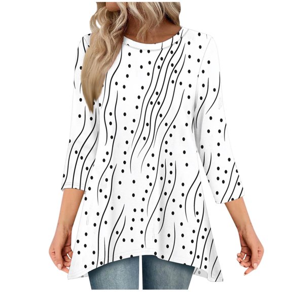 CYMMPU Tunic Tops 3/4 Sleeve Blouses for Women Dressy Casual Flower Pattern Summer Fashion Shirts Loose Fit Spring Tops Round Neck Flare Hem Hide Belly Tops to Wear with Leggings T-Shirts White M