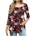 thumbnail image 1 of CYMMPU Tunic Tops 3/4 Sleeve Blouses for Women Dressy Casual Loose Fit Spring Tops Scoop Neck Flower Printed Summer Fashion Shirts A-line Pleated Topss Wine L, 1 of 6
