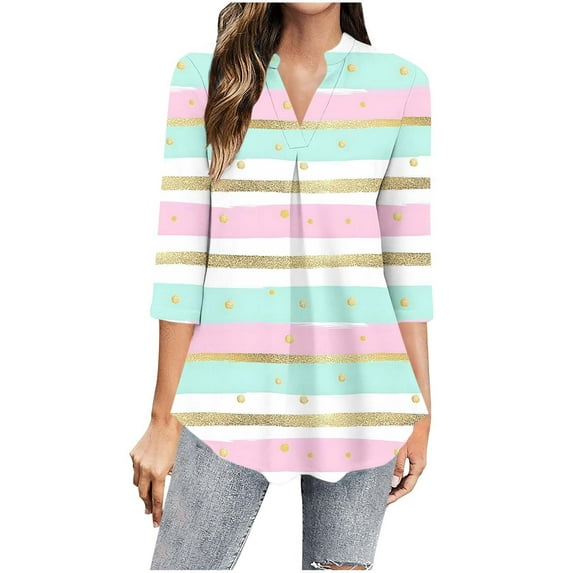 CYMMPU Tunic Tops 3/4 Sleeve Blouses for Women Dressy Casual Pleated V Neck Loose Fit Striped Ombre Spring Tops Summer Trendy Shirts Flowy Tops T-Shirts Pink XXL