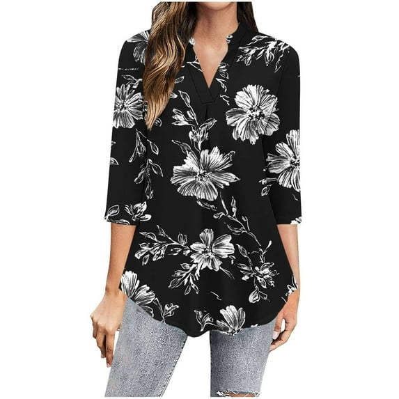 CYMMPU Tunic Tops 3/4 Sleeve Blouses for Women Dressy Casual Pleated V Neck Loose Fit Summer Trendy Shirts Spring Tops Flower Pattern Flowy Tops T-Shirts Black S