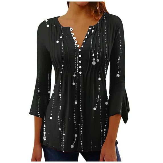 CYMMPU Tunic Tops 3/4 Sleeve Blouses for Women Dressy Casual Spring Tops V Neck Floral Pattern Loose Fit Fall Fashion Shirts A-line Dressy Topss Black S