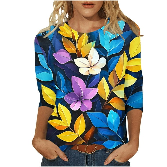 CYMMPU Tunic Tops 3/4 Sleeve Blouses for Women Dressy Casual Summer Fashion Shirts Loose Fit Spring Tops Crew Neck Flower Pattern Lightweight Basic T-Shirts Multicolor S