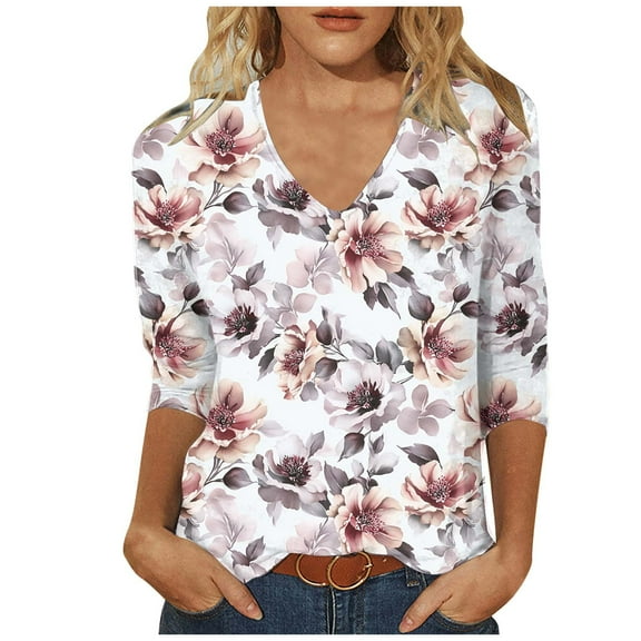 CYMMPU Tunic Tops 3/4 Sleeve Blouses for Women Dressy Casual V Neck Summer Trendy Shirts Flower Pattern Loose Fit Spring Tops Business Elegant Work Tops T-Shirts Multicolor S