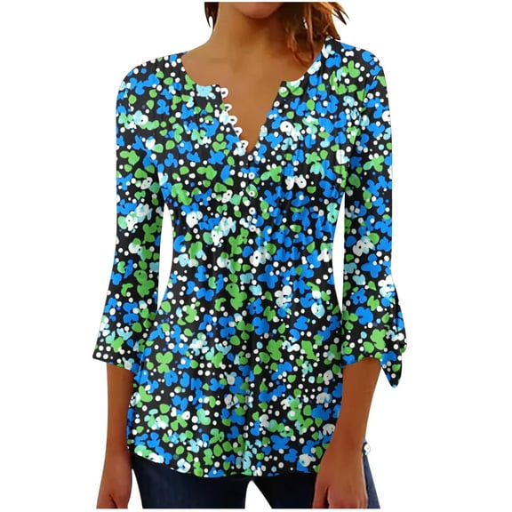 CYMMPU Tunic Tops 3/4 Sleeve Button V Neck Loose Fit Summer Trendy Shirts Flower Printed Blouses for Women Dressy Casual Spring Tops Empire Waist A Line T-Shirts Blue S