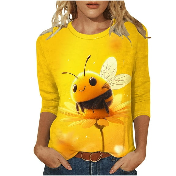 CYMMPU Tunic Tops 3/4 Sleeve Crew Neck Bee Graphic Spring Tops Blouses for Women Dressy Casual Summer Fashion Shirts Loose Fit Cute Animals T-Shirts Yellow XXXXXL
