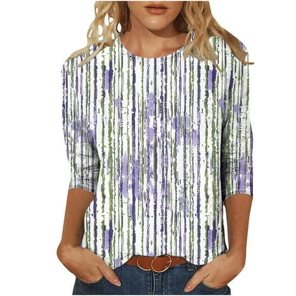 CYMMPU Tunic Tops 3/4 Sleeve Crew Neck Blouses for Women Dressy Casual Floral Printed Spring Tops Summer Fashion Shirts Loose Fit Lightweight Basic T-Shirts Purple S