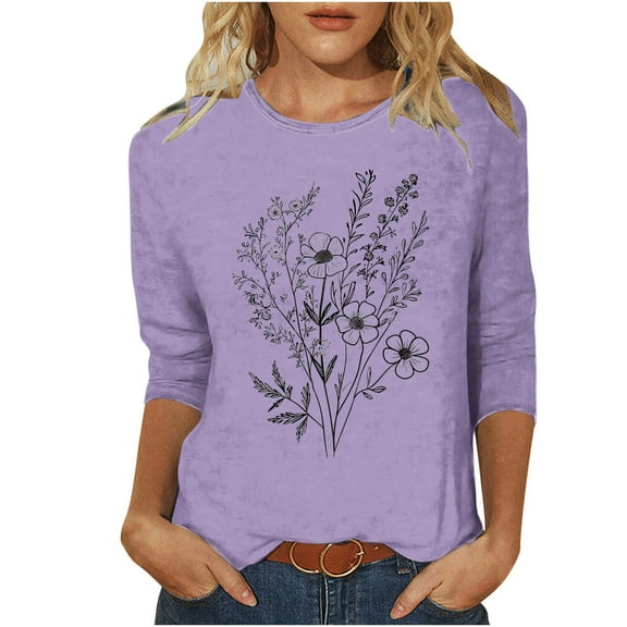 CYMMPU Tunic Tops 3/4 Sleeve Crew Neck Floral Printed Blouses for Women Dressy Casual Fall Trendy Shirts Loose Fit Spring Tops Lightweight Basic Tees Purple M