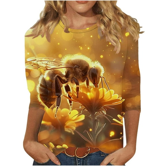 CYMMPU Tunic Tops 3/4 Sleeve Crew Neck Loose Fit Bee Pattern Spring Tops Blouses for Women Dressy Casual Summer Fashion Shirts Lightweight Basic T-Shirts XL