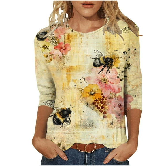 CYMMPU Tunic Tops 3/4 Sleeve Crew Neck Loose Fit Blouses for Women Dressy Casual Bee Printed Spring Tops Fall Trendy Shirts Lightweight Basic Tees Multicolor L