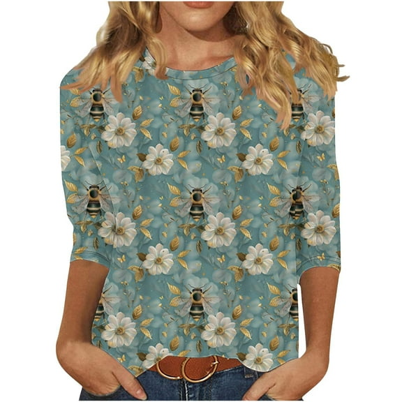 CYMMPU Tunic Tops 3/4 Sleeve Crew Neck Loose Fit Fall Trendy Shirts Spring Tops Bee Pattern Blouses for Women Dressy Casual Lightweight Basic Tees L