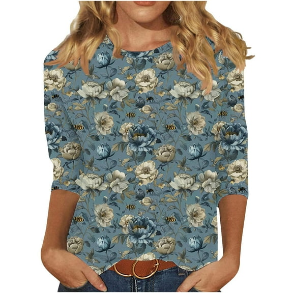 CYMMPU Tunic Tops 3/4 Sleeve Crew Neck Loose Fit Summer Trendy Shirts Spring Tops Blouses for Women Dressy Casual Bee Pattern Lightweight Basic Tees XXL