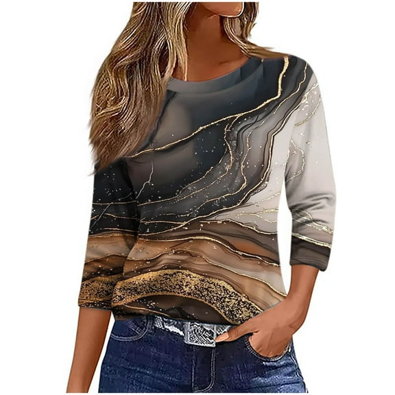CYMMPU Tunic Tops 3/4 Sleeve Crew Neck Spring Tops Flower Pattern Loose Fit Fall Fashion Shirts Blouses for Women Dressy Casual Lightweight Basic T-Shirts Khaki XXL