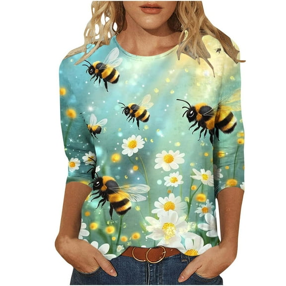 CYMMPU Tunic Tops 3/4 Sleeve Crew Neck Spring Tops Loose Fit Blouses for Women Dressy Casual Bee Printed Summer Trendy Shirts Lightweight Basic Tees Multicolor XL