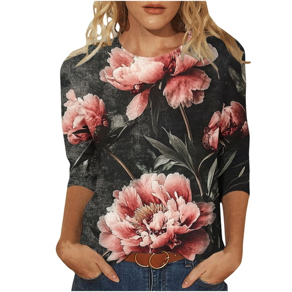 CYMMPU Tunic Tops 3/4 Sleeve Crew Neck Summer Trendy Shirts Spring Tops Blouses for Women Dressy Casual Flower Pattern Loose Fit Lightweight Basic Tees Multicolor XXXXXL