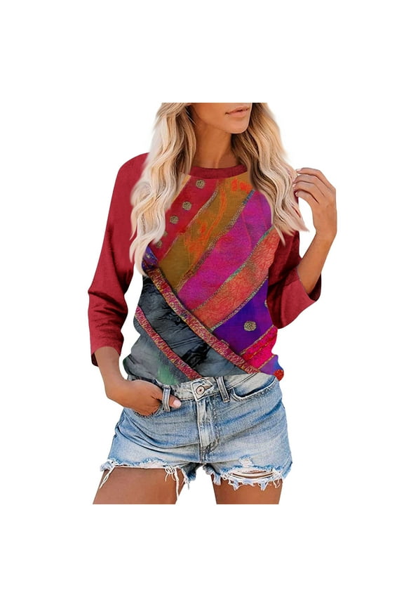 Tunic Tops 3/4 Sleeve Fall Fashion Shirts Blouses for Women Dressy Casual Round Neck Loose Fit Spring Tops Flower Pattern Lightweight Basic T-Shirts XXL