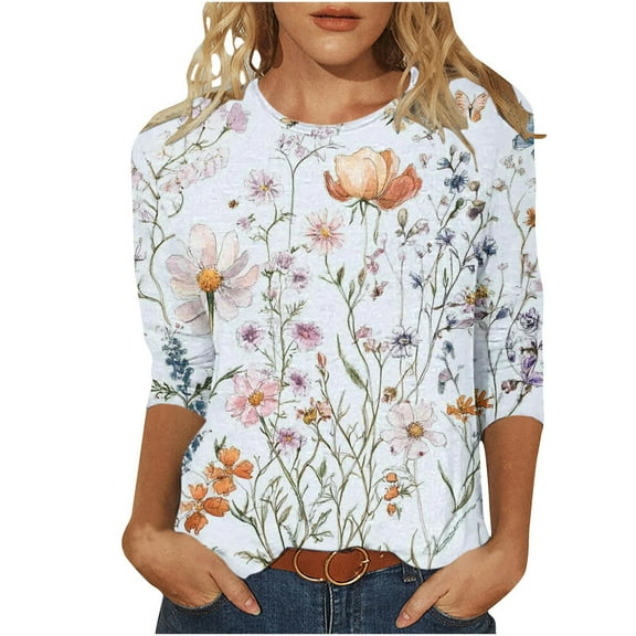 CYMMPU Tunic Tops 3/4 Sleeve Fall Fashion Shirts Loose Fit Crew Neck Flower Pattern Spring Tops Blouses for Women Dressy Casual Lightweight Basic T-Shirts Purple S