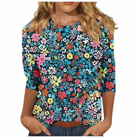 CYMMPU Tunic Tops 3/4 Sleeve Fall Fashion Shirts Spring Tops Loose Fit Flower Pattern Round Neck Blouses for Women Dressy Casual Lightweight Basic T-Shirts Multicolor XL
