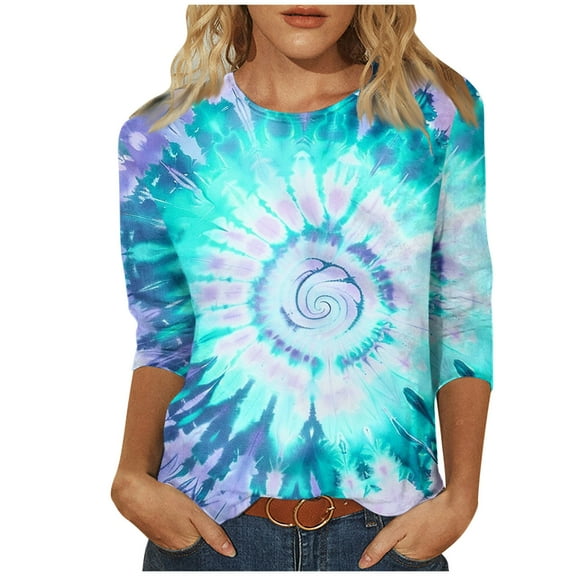 CYMMPU Tunic Tops 3/4 Sleeve Fall Trendy Shirts Spring Tops Crew Neck Blouses for Women Dressy Casual Loose Fit Floral Pattern Lightweight Basic Tees Light Blue S