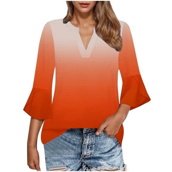 CYMMPU Tunic Tops 3/4 Sleeve Floral Pattern Fall Trendy Shirts Blouses for Women Dressy Casual V Neck Loose Fit Spring Tops Business Elegant Work Tops T-Shirts Orange L