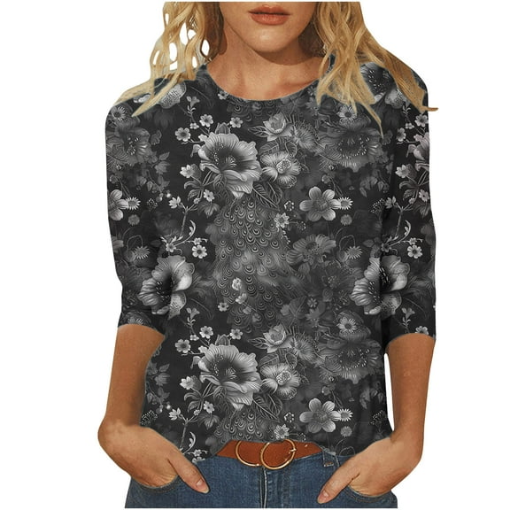 CYMMPU Tunic Tops 3/4 Sleeve Floral Pattern Loose Fit Blouses for Women Dressy Casual Spring Tops Fall Fashion Shirts Round Neck Lightweight Basic T-Shirts Multicolor M