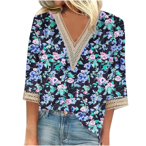CYMMPU Tunic Tops 3/4 Sleeve Floral Printed Blouses for Women Dressy Casual Lace V Neck Fall Fashion Shirts Loose Fit Spring Tops Business Elegant Work Topss Blue XL