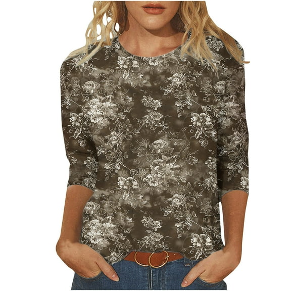CYMMPU Tunic Tops 3/4 Sleeve Floral Printed Loose Fit Round Neck Fall Trendy Shirts Spring Tops Blouses for Women Dressy Casual Lightweight Basic Tees Multicolor XXL