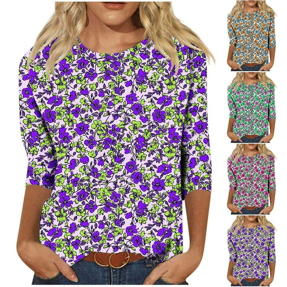 CYMMPU Tunic Tops 3/4 Sleeve Flower Pattern Loose Fit Fall Trendy Shirts Blouses for Women Dressy Casual Spring Tops Round Neck Pleated Dressy T-Shirts M