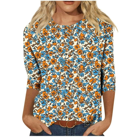 CYMMPU Tunic Tops 3/4 Sleeve Flower Pattern Loose Fit Summer Trendy Shirts Round Neck Blouses for Women Dressy Casual Spring Tops Pleated Dressy T-Shirts S