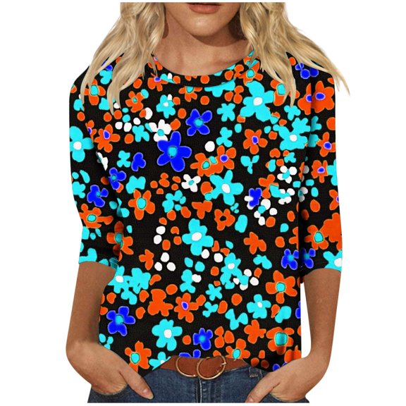 CYMMPU Tunic Tops 3/4 Sleeve Flower Pattern Summer Fashion Shirts Loose Fit Round Neck Blouses for Women Dressy Casual Spring Tops Pleated Dressy T-Shirts Orange XL