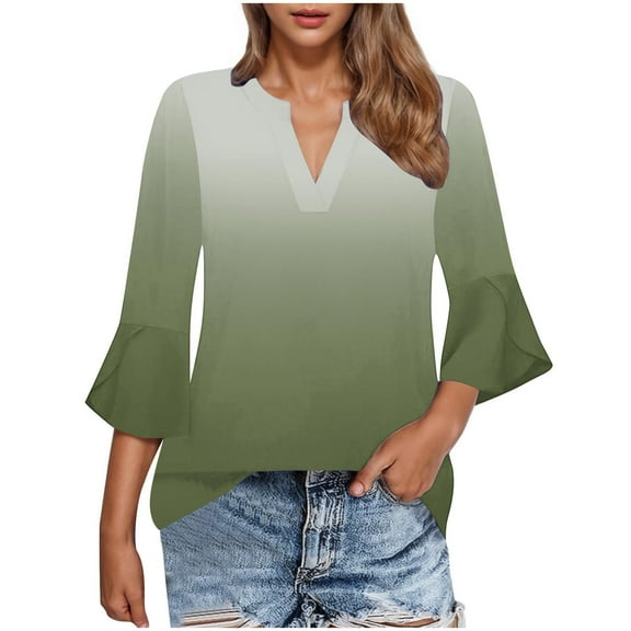CYMMPU Tunic Tops 3/4 Sleeve Flower Pattern Summer Trendy Shirts V Neck Blouses for Women Dressy Casual Spring Tops Loose Fit Business Elegant Work Tops T-Shirts Green L