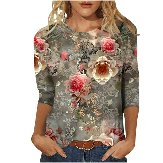 CYMMPU Tunic Tops 3/4 Sleeve Flower Printed Fall Fashion Shirts Spring Tops Round Neck Loose Fit Blouses for Women Dressy Casual Lightweight Basic T-Shirts Multicolor M